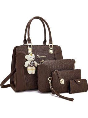 Women's Coffee 4Pc Handbag Set Tote Shoulder Satchel Purse with Bear Charm